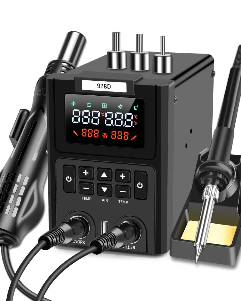 Dual LED Digital Displayings Hot Air Heat Gun and Soldering Iron 2-IN-1 SMD Rework Station for Soldering and Desoldering