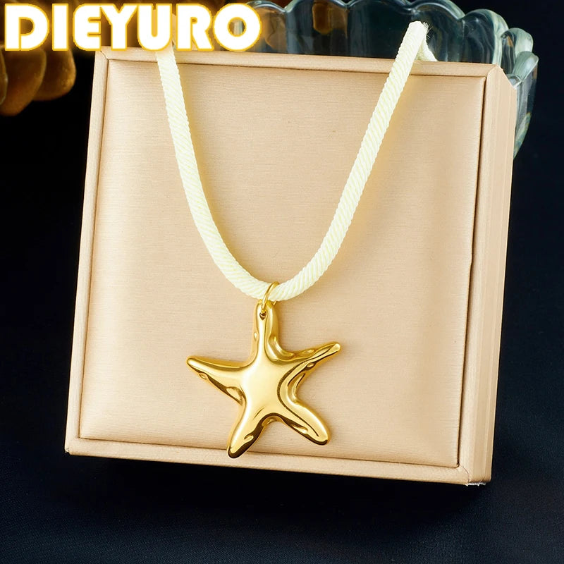 DIEYURO 316L Stainless Steel Golden Irregular Star Pendant Necklace For Women New Fashion Waterproof Beige Rope Chain Jewelry
